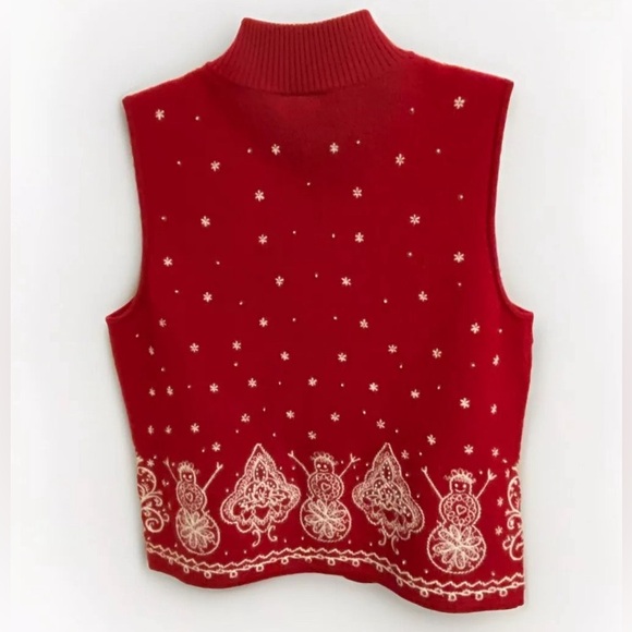 Talbots PM Red Embroidered Merino Wool Holiday Vest - Picture 2 of 9